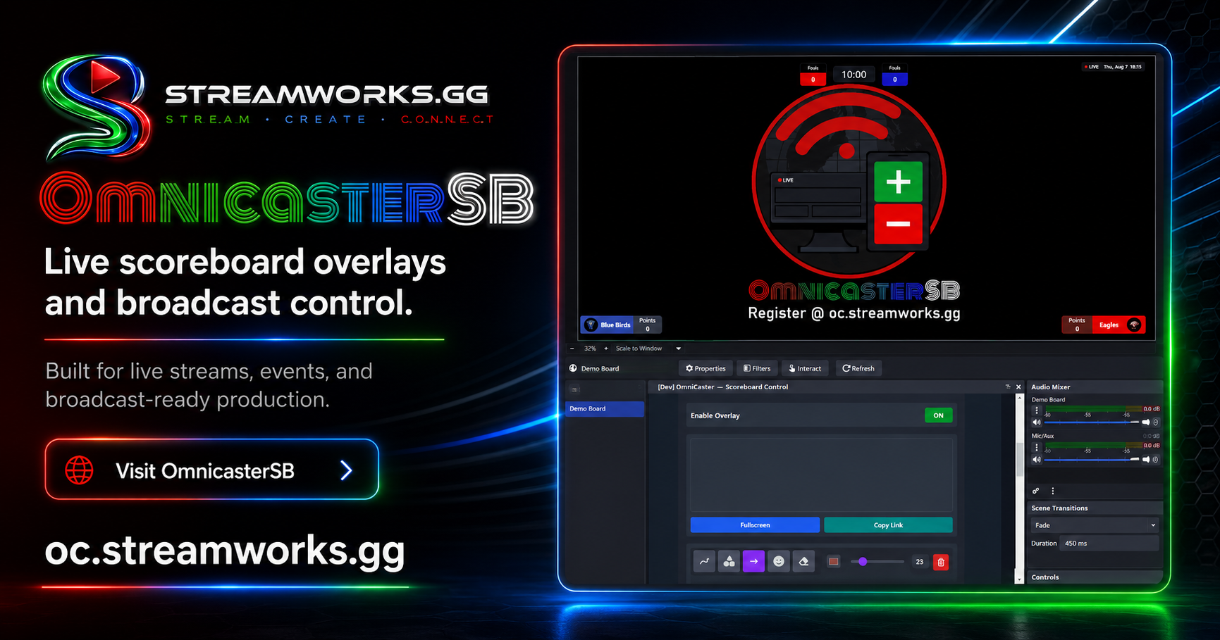 OmniCasterSB live scoreboard overlays and broadcast control promo